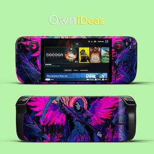 May include: A handheld games console with a custom skin in neon pink, purple, and blue. The skin features a grim reaper graphic on the back and a matching floral pattern on the front. The screen displays a game interface. The brand name "OwniDeas" is visible.
