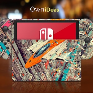 May include: A Nintendo Switch console with a custom skin featuring a futuristic cityscape and an orange spaceship. The Joy-Con controllers have a matching design. The screen displays the Nintendo logo.