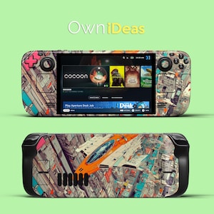 Pode incluir: Um console de jogos portátil com um design abstrato colorido apresentando uma paisagem urbana e uma nave espacial laranja. A tela exibe uma interface de jogo. O texto "OwniDeas" está no topo.