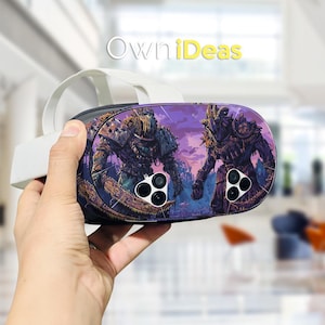 May include: A virtual reality headset with a custom skin featuring a fantasy illustration of two armored figures in a purple and blue landscape. The text "OwniDeas" is visible in the background.