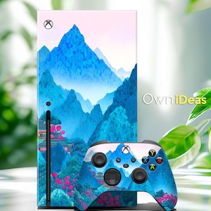 May include: An Xbox Series X console and controller featuring a mountain landscape design in shades of blue, pink, and green. The console and controller have a matching design with the text "OwniIdeas".