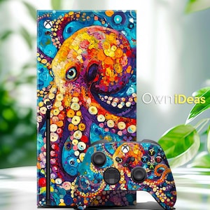Puede incluir: Una piel de consola Xbox Series X y una piel de mando a juego con un diseño de pulpo colorido. El diseño presenta un pulpo vibrante con un esquema de color azul, amarillo, naranja y morado.