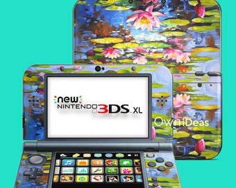 3Ds XL Pre-cut Skin with Transparent Protective Shell Lotus Pond Pattern Girlfriend Gift for 3DS XL 2DS xL New 2Ds xL New 3Ds xL DSI xL