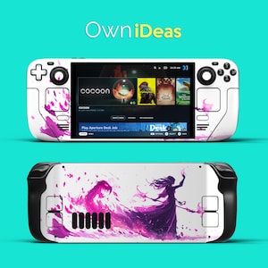 Könnte beinhalten: Weiße Handheld-Spielkonsole mit pinkfarbenen Farbspritzern und einem Bildschirm, der eine Spieloberfläche anzeigt. Die Unterseite der Konsole zeigt eine lila Illustration einer Frau. Der Text "OwniIdeas" steht oben.