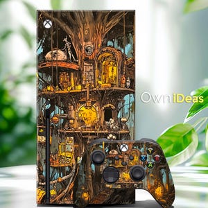 May include: A custom Xbox Series X console and controller skin featuring a detailed illustration of a treehouse with intricate details and a yellow, brown, and green color scheme. The design includes the text "OwnIdeas".