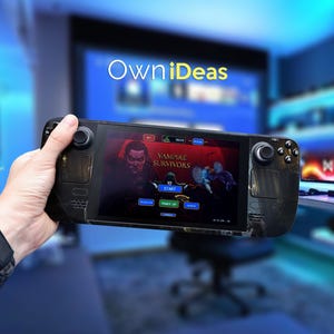 May include: A black handheld gaming device with a screen displaying the game "Vampire Survivors". The device has a circular button on the left side and a directional pad on the right side.