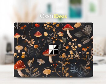 May include: Laptop skin with a dark background and a repeating pattern of red and white mushrooms, green leaves, and small white flowers. The skin has the text "OwnIdeas" at the top.