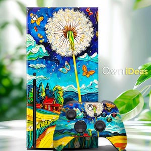 Puede incluir: Una piel colorida para la consola Xbox Series X y el mando con un diente de león sobre un fondo azul y amarillo. El diseño incluye mariposas y una pequeña casa en la distancia. La piel está hecha de vinilo de alta calidad y es fácil de aplicar y quitar.