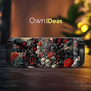 May include: Black and red gaming console skin with a Japanese demon and skull design. The skin features a detailed illustration of a demon with red eyes and horns, surrounded by skulls and red flowers. The design is set against a black background with white clouds and red accents.