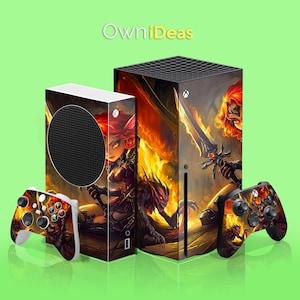 Op de afbeelding: Een set van twee Xbox Series X console- en controller skins met een fantasieontwerp met een vurige achtergrond, een vrouwelijk personage met rood haar en een zwaard. Het ontwerp bevat de tekst "OwnIdeas".
