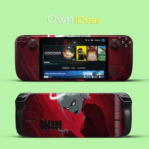 May include: A red handheld gaming console with a custom design featuring a woman with white hair and red accents. The screen displays game titles. The top of the console has the text "OwniDeas".