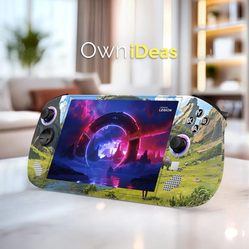 May include: A Lenovo Legion handheld gaming device with a vibrant landscape design. The screen displays a futuristic scene with a large ring structure. The device has black control sticks and buttons, with the text "OwniDeas" at the top.