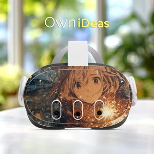 May include: VR headset with a custom design featuring an anime-style illustration. The headset has a white head strap and ear pieces. The front of the headset displays a detailed image with warm tones and the text "OwniDeas".