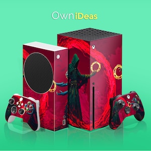 May include: Red and black Xbox Series X and S consoles and controllers with a fantasy art design. The consoles and controllers feature a dark red background with a hooded figure and golden rings. The text "OwniIdeas" is at the top.