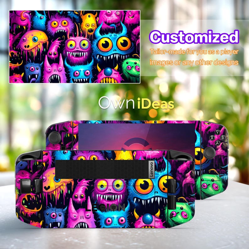 May include: Customized gaming console skins featuring a vibrant, colorful monster design. The skins showcase a variety of cartoon monsters in shades of blue, pink, yellow, and green. The text "Customized" and "OwniDeas" are also visible.