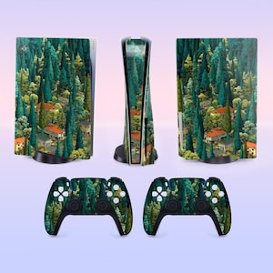 May include: A PlayStation 5 console and two controllers featuring a forest landscape design. The console is shown from multiple angles, with the controllers below. The design incorporates shades of green, brown, and white, creating a naturalistic aesthetic.