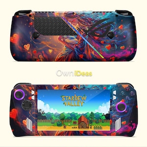 May include: A handheld gaming console with a custom design featuring a woman with flowing hair and heart shapes. The screen displays the "Stardew Valley" game. The console has purple accents and buttons.