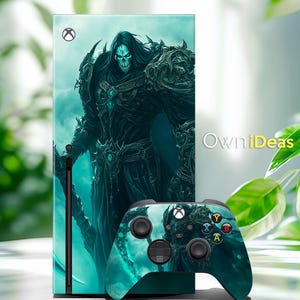 May include: A green and black Xbox Series X console and controller skin featuring a dark fantasy character with a skull face and a glowing blue sword. The skin has the text "OwnIdeas" on the console.