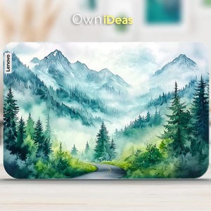 May include: A watercolor painting of a mountain range with a winding road leading through the trees. The mountains are painted in shades of blue and green, with white clouds floating above them. The trees are a mix of evergreens and deciduous trees, and the road is lined with green grass and wildflowers.
