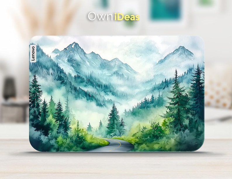 May include: A watercolor painting of a mountain range with a winding road leading through the trees. The mountains are painted in shades of blue and green, with white clouds floating above them. The trees are a mix of evergreens and deciduous trees, and the road is lined with green grass and wildflowers.