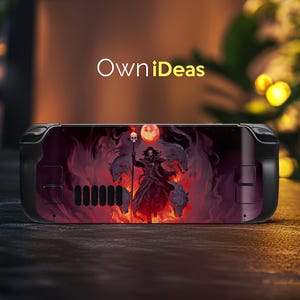 May include: A black and red gaming console skin with a dark fantasy illustration of a figure in a hooded cloak holding a staff with a skull at the top. The figure is surrounded by wolves and flames.