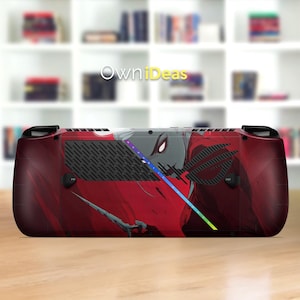 May include: A red and black gaming console skin featuring a stylized illustration of a character with white hair and a red cloak. The skin has a gradient of colors and the text "OwniIdeas".