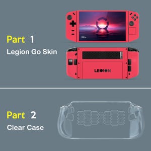 May include: A red Legion Go skin and a clear case are displayed. The Legion Go skin is shown from the front and back, with the word "LEGION" visible. The clear case is transparent and designed to fit the Legion Go.