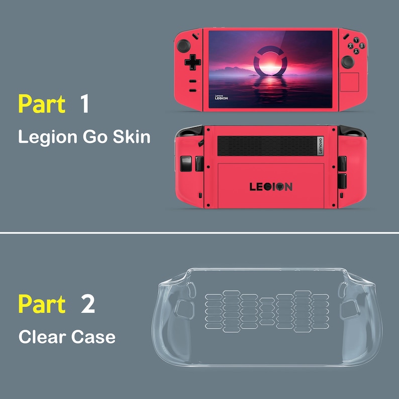 May include: A red Legion Go skin and a clear case are displayed. The Legion Go skin is shown from the front and back, with the word "LEGION" visible. The clear case is transparent and designed to fit the Legion Go.