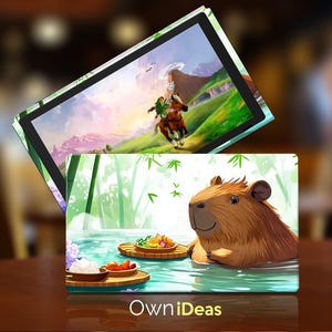 Peut inclure: Une illustration verte, blanche et brune d'un capybara se relaxant dans une piscine d'eau. Le capybara est brun avec un museau blanc et un ventre brun clair. L'illustration est entourée de plantes de bambou vertes et d'un petit bol de fruits.