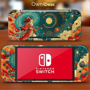 May include: A Nintendo Switch console with a custom skin featuring an Asian-inspired design. The skin showcases a figure with a parasol, set against a backdrop of teal, orange, and gold hues. The screen displays the Nintendo Switch logo.