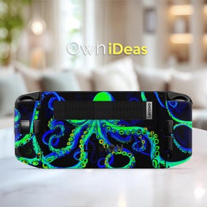 May include: A black Lenovo gaming device with a vibrant octopus design in shades of blue and green. The tentacles wrap across the device's surface, creating a striking contrast against the black background. The text "OwniIdeas" is visible.