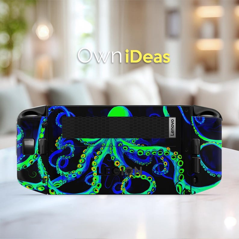 May include: A black Lenovo gaming device with a vibrant octopus design in shades of blue and green. The tentacles wrap across the device's surface, creating a striking contrast against the black background. The text "OwniIdeas" is visible.
