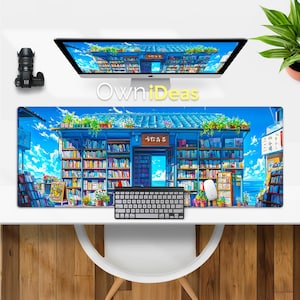 以下が含まれることがあります： 本でいっぱいの棚がある本屋のアニメ風のカラフルなイラスト。本屋は青い屋根で、青い空と白い雲のある通りにあります。建物の正面には「書店」という文字が日本語で書かれています。この画像はマウスパッドのデザインです。