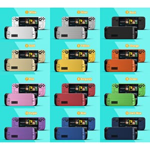 May include: A collection of twelve handheld gaming consoles in various colors, including white, silver, black, gold, yellow, orange, pink, burgundy, green, purple, blue, and dark blue. Each console has a screen and control buttons.