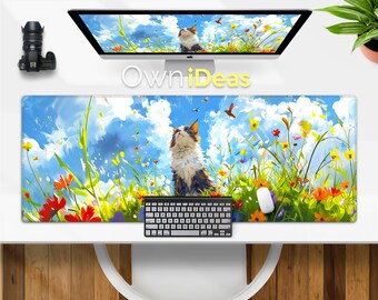 Cute Grass Cat Desk Mat Design Anniversary Gift Office Accessory Pad Large Size RGB Light Personalized Mouse Gaming Mouse Pad for Computer