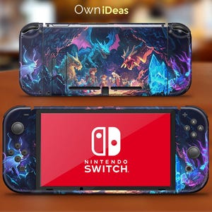 May include: A blue and purple Nintendo Switch console skin with a fantasy-themed design featuring a dragon, crystals, and characters. The skin is compatible with the Nintendo Switch console and includes a matching Joy-Con skin.