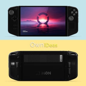 May include: Black Lenovo Legion handheld gaming device. The front features a screen displaying a sunset scene with a circular design. The device has control buttons on both sides. The back of the device has the word LEGION printed on it.