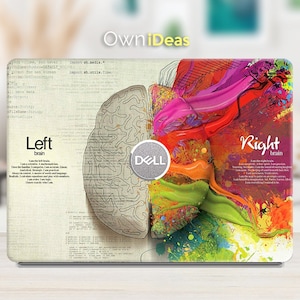 May include: A laptop skin featuring a colourful abstract design of a brain. The left side of the brain is a grey outline with the word "Left" and a description of the left brain. The right side of the brain is a colourful abstract design with the word "Right" and a description of the right brain. The Dell logo is in the centre of the design.