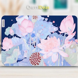 May include: A Lenovo laptop skin featuring a dark blue background with a detailed illustration of pink lotus flowers, light blue lily pads, and a lotus seed pod. The text OwniDEAS is printed in white and yellow at the top center of the design.