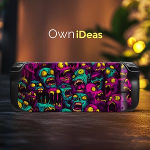 May include: A black and purple gaming console skin featuring a graphic of colourful, cartoon-like skulls. The skin is designed for the Nintendo Switch.