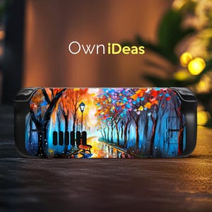 May include: A colorful abstract painting of a forest scene with a bench and a street lamp. The painting is printed on a black protective case for a gaming console.