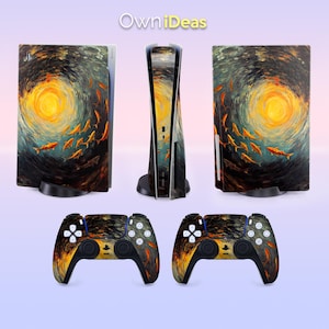 May include: A set of gaming console accessories featuring a swirling, impressionistic design with a bright yellow center and orange fish. The set includes a console, two controllers, and console covers. The text "OwniIdeas" is in the top center.