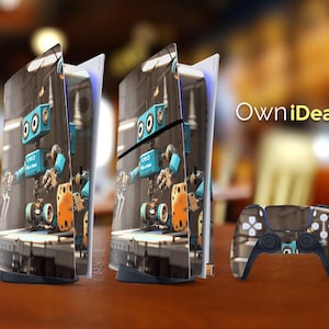 Könnte beinhalten: Eine PlayStation 5-Konsole mit einem individuellen Skin, der ein blaues und orangefarbenes Roboterdesign zeigt. Das Bild enthält auch einen passenden Controller. Der Text "OwniDeas" ist im Hintergrund sichtbar. Konsole und Controller befinden sich auf einer braunen Oberfläche.