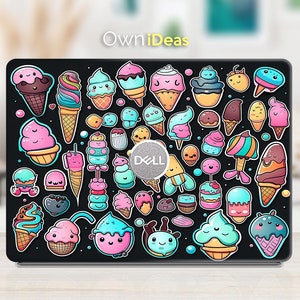 Könnte beinhalten: Ein schwarzer Laptop mit einem farbenfrohen Design aus Eiswaffeln, Eis am Stiel und anderen süßen Leckereien. Das Design zeigt Comic-Gesichter und den Schriftzug "OwnIdeas". Der Laptop hat ein Dell-Logo auf dem Deckel.