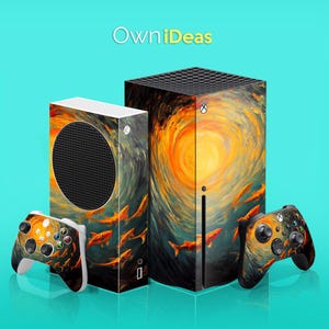 May include: Two Xbox Series X consoles with custom skins. The console on the left has a black and green controller. The console on the right has a swirling abstract design with orange, yellow, and blue colors. The design features fish swimming in the water. The text "OwnIdeas" is printed above the consoles.