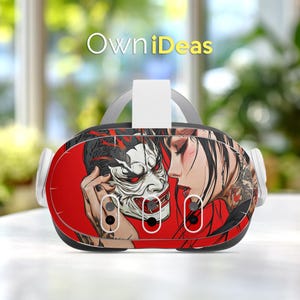 May include: VR headset with a red faceplate featuring a graphic of a woman and a demon mask. The headset has white ear cups and a white head strap. The text "OwniDeas" is in the upper left corner.
