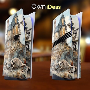 以下が含まれることがあります： ゲームコンソール用のカスタムスキンで、崖の上にある幽霊屋敷と骨格の恐竜の水彩画が描かれています。このスキンはPlayStation 5コンソールに適合するように設計されています。スキンの上部には「OwnIdeas」というテキストが印刷されています。