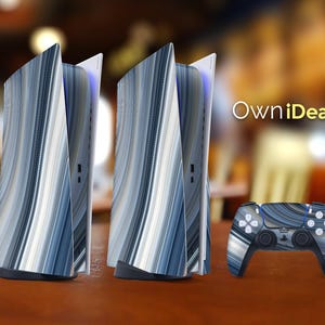 May include: Two white and blue patterned console covers for a Playstation 5 console. A matching white and blue patterned controller is also shown.