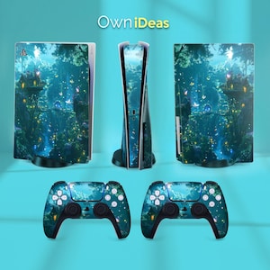 May include: A gaming console and controllers with a forest-themed design. The console and controllers are covered in a teal and blue forest scene with butterflies and glowing lights. The text "OwniIdeas" is in the top right corner.