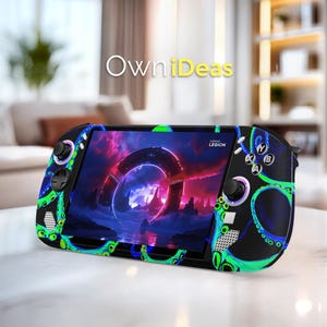 May include: A black Lenovo Legion handheld gaming console with a vibrant design featuring green and blue tentacles. The screen displays a futuristic landscape with a circular structure. The text "OwniDeas" is visible at the top.